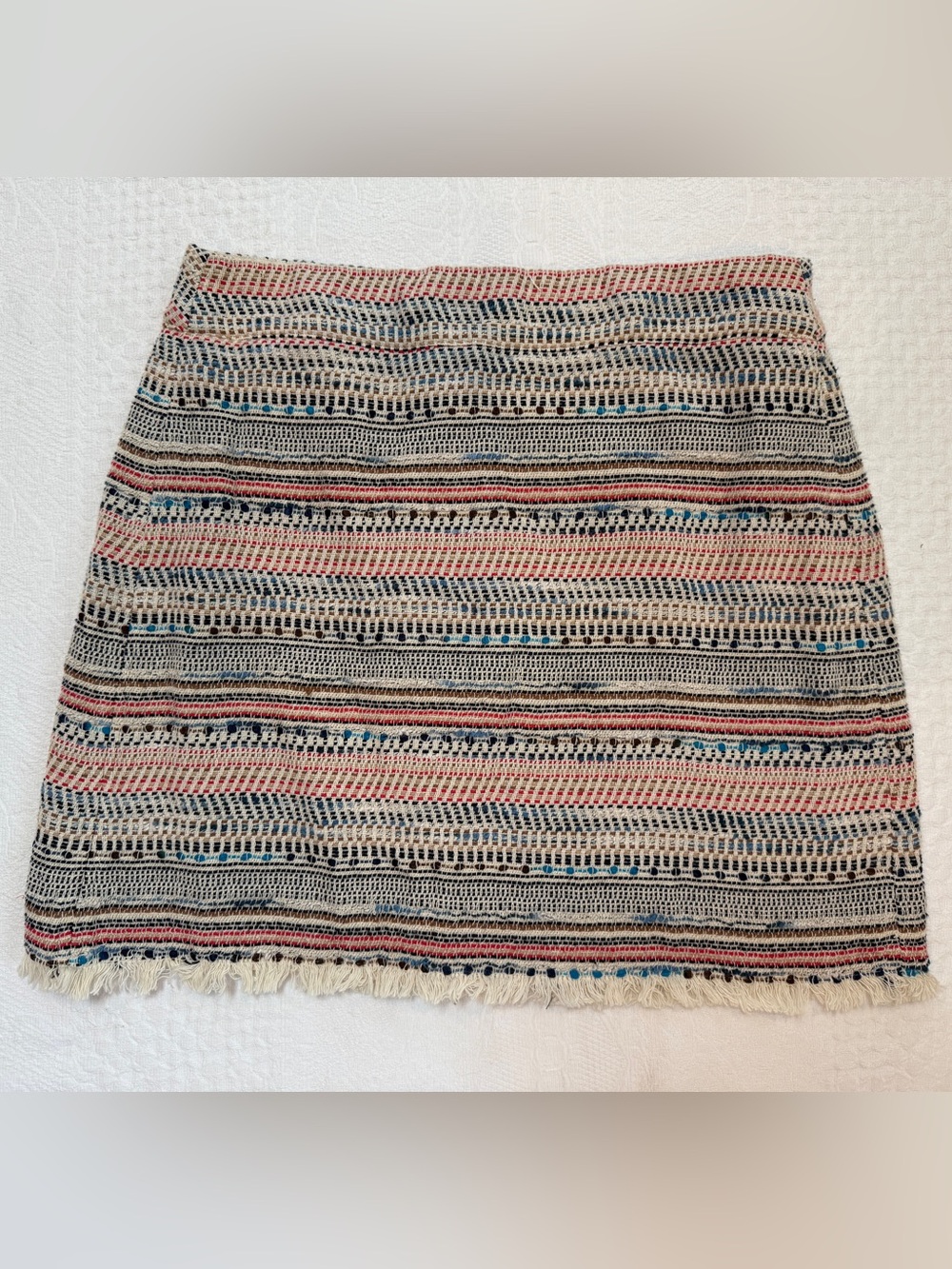 LOFT Skirt Womens SZ 10P Petite Stripe Tweed Aztec Textured Fringe Mini Lined